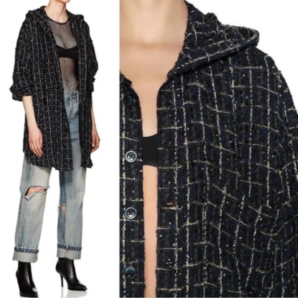FAITH CONNEXION Tweed Plaid Gingham Sequin Button Down Coat Jacket Hoodie
